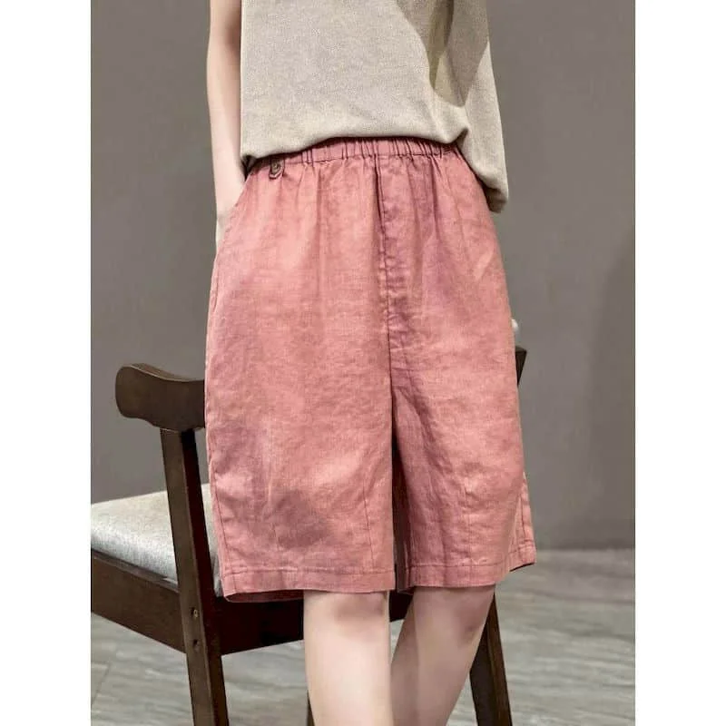 Solid Shorts Women Summer Casual Cotton Linen Straight Short Pants Korean Style Elastic Waist Five-point Trousers Women Clothing