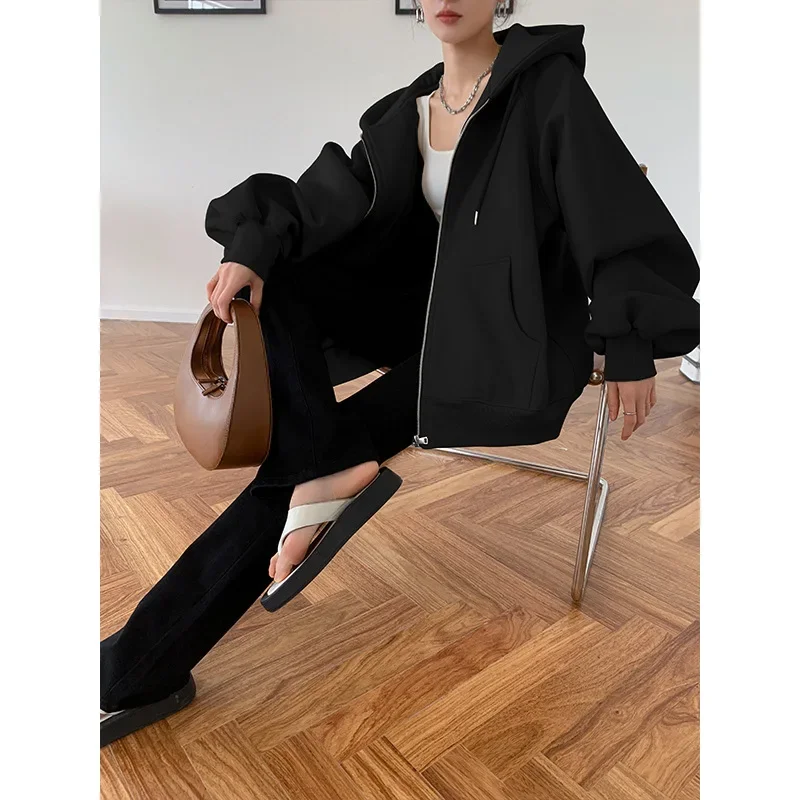 冬の女性用ヘビーウェイトフーディーココナッツシェルホワイトレイジーカジュアルカーディガン長袖厚手コットンフード付きスウェットシャツ