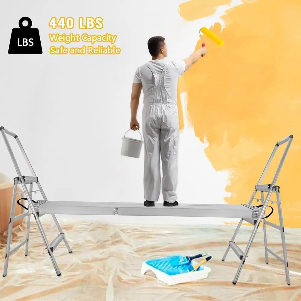 Telescoping Work Platform Plank, 9-15ft, 440 lbs Capacity, with Anti-Slip Platform and Scaffold Ladder Accessory (Silver)