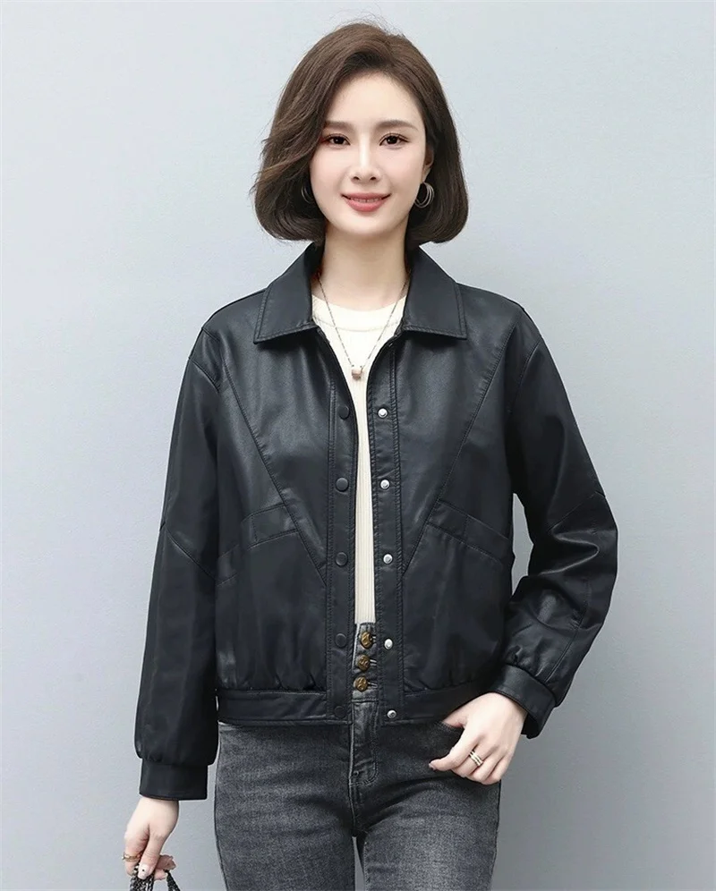 2025 봄 가을 여성용 가죽 재킷 숏 코트 싱글 버튼 턴다운 칼라 루즈핏 얇은 PU 아우터 여성 캐주얼 탑