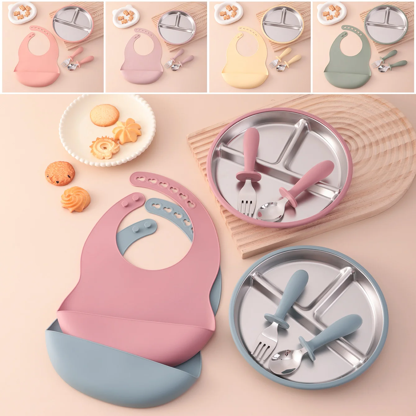Color Kids 4PCS Infant Weaning Tableware Stainless Steel Silicone Feeding Set With Dishes Plate Fork Spoon BPA Free Cutlery