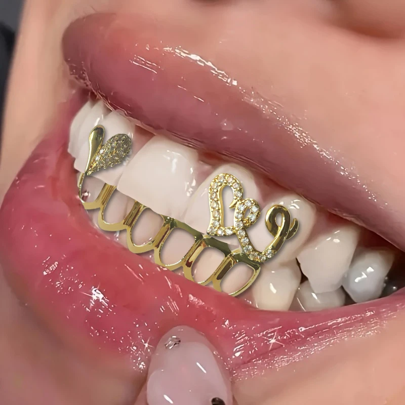 Hip-Hop Style Fashion-Zirconian Hearts/Hollowed-Out Lower Teeth. Rap Singer's Zirconian Teeth, Street Dance Decoration.