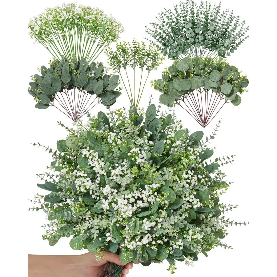 

100 шт. 5 видов искусственной зелени: эвкалиптовые стебли, искусственные цветы гипсофилы и искусственные листья сорта «Серебряный доллар» оптом