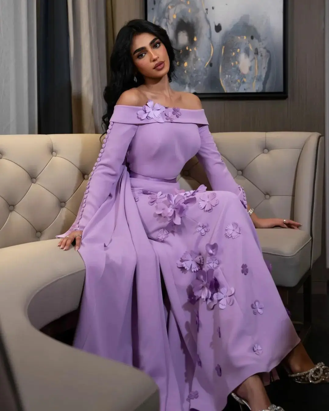 Luxury Purple Party Gown Boat Neck Long Sleeves Prom Dresses 3D-Flowers Button Evening Gown Dubai For Women فستان حفلات الزفاف