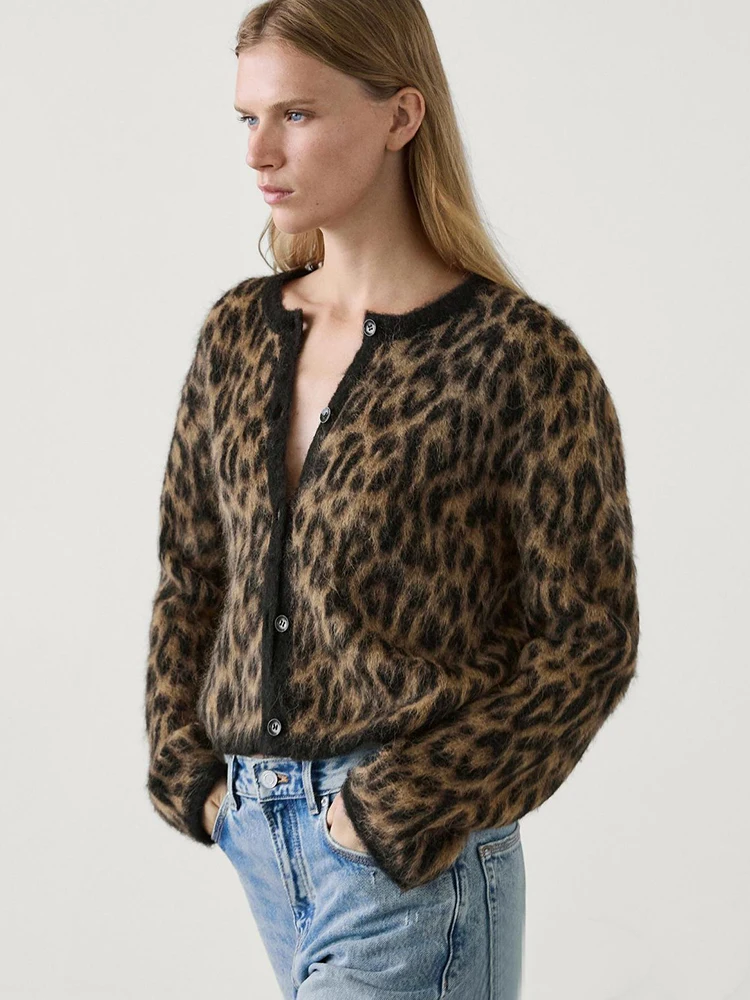 JULISSA MO Knit Print Leopard Round Neck Cardigan Women Sweater Long Sleeve Single Breasted Tops Autumn Loose Casual Streetwear