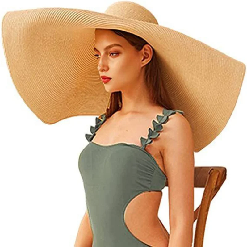 Summer oversized brim beach vacation travel woman sun protection straw hat unique Large Solid Color foldable beach caps