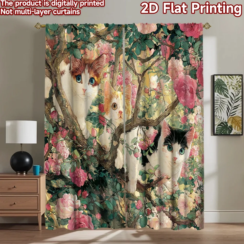 2D flat printing 2pcs Party Window Curtains Cats in Roses Floral Vintage Digital Printed Polyester Drapes Seasonal Party &