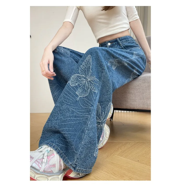 Women's Jeans Pants Loose Wide Leg Print High Waist Summer Casual Flowy Trousers Non Stick Skin Body Fit