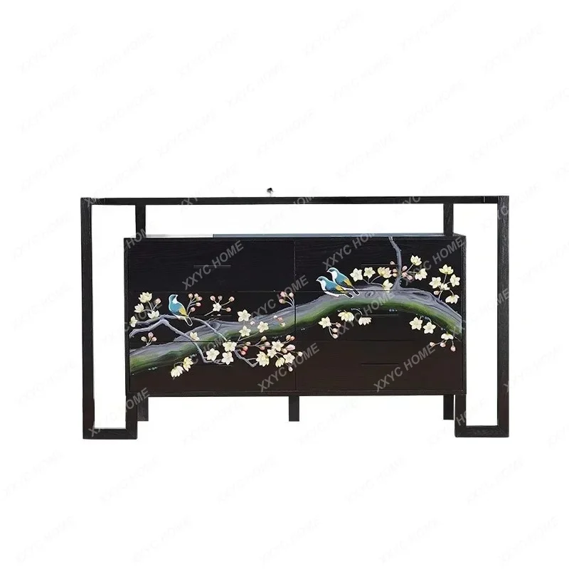 

L New Chinese Style Hallway Shoe Cabinet Hall Cabinet Partition Solid Wood Flowers and Birds Painted Decoration Side Cabinet