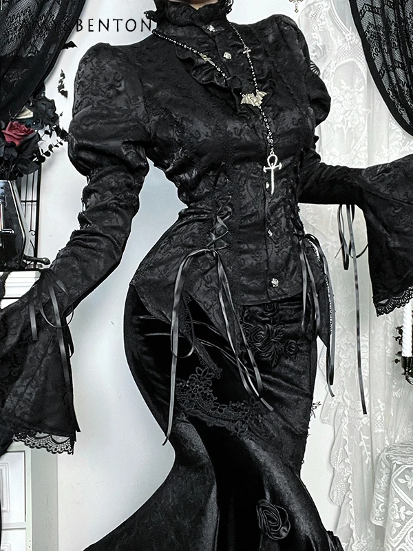 Gótico escuro retro tribunal estilo medieval lolita define subcultura estilo punk impresso gola camisa de cintura alta saia rabo de peixe