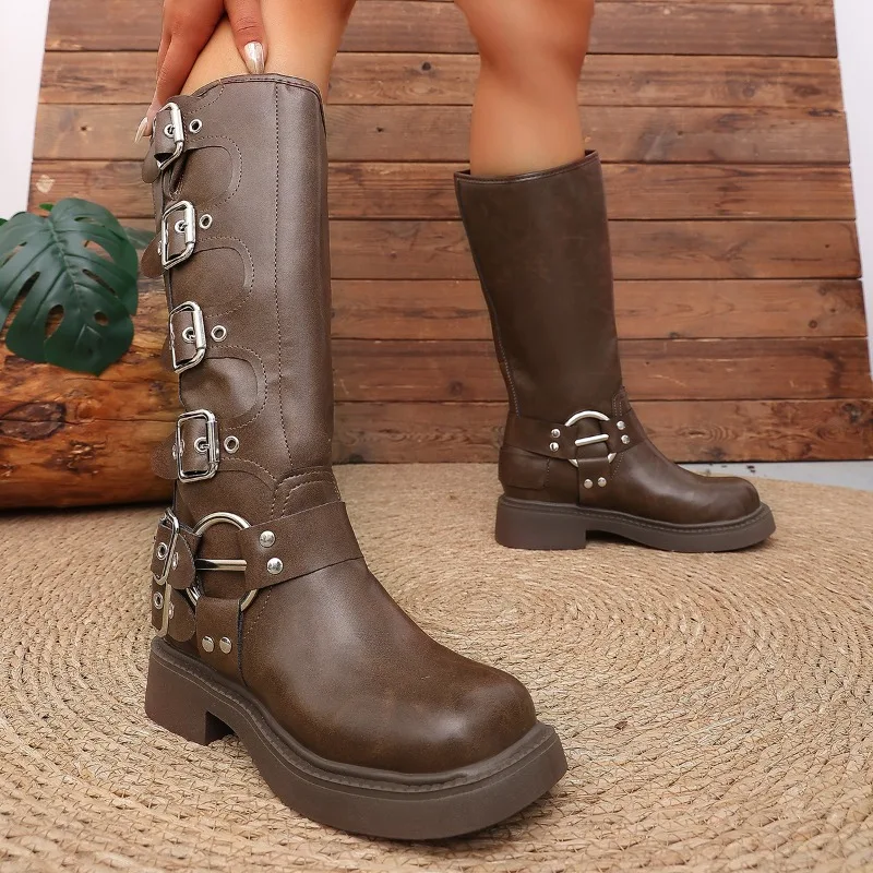 Vintage Woman Western Cowgirl Boot Fashion Belt Buckle Long Booties Autumn Winter Suqare Low Heel Girl Shoes