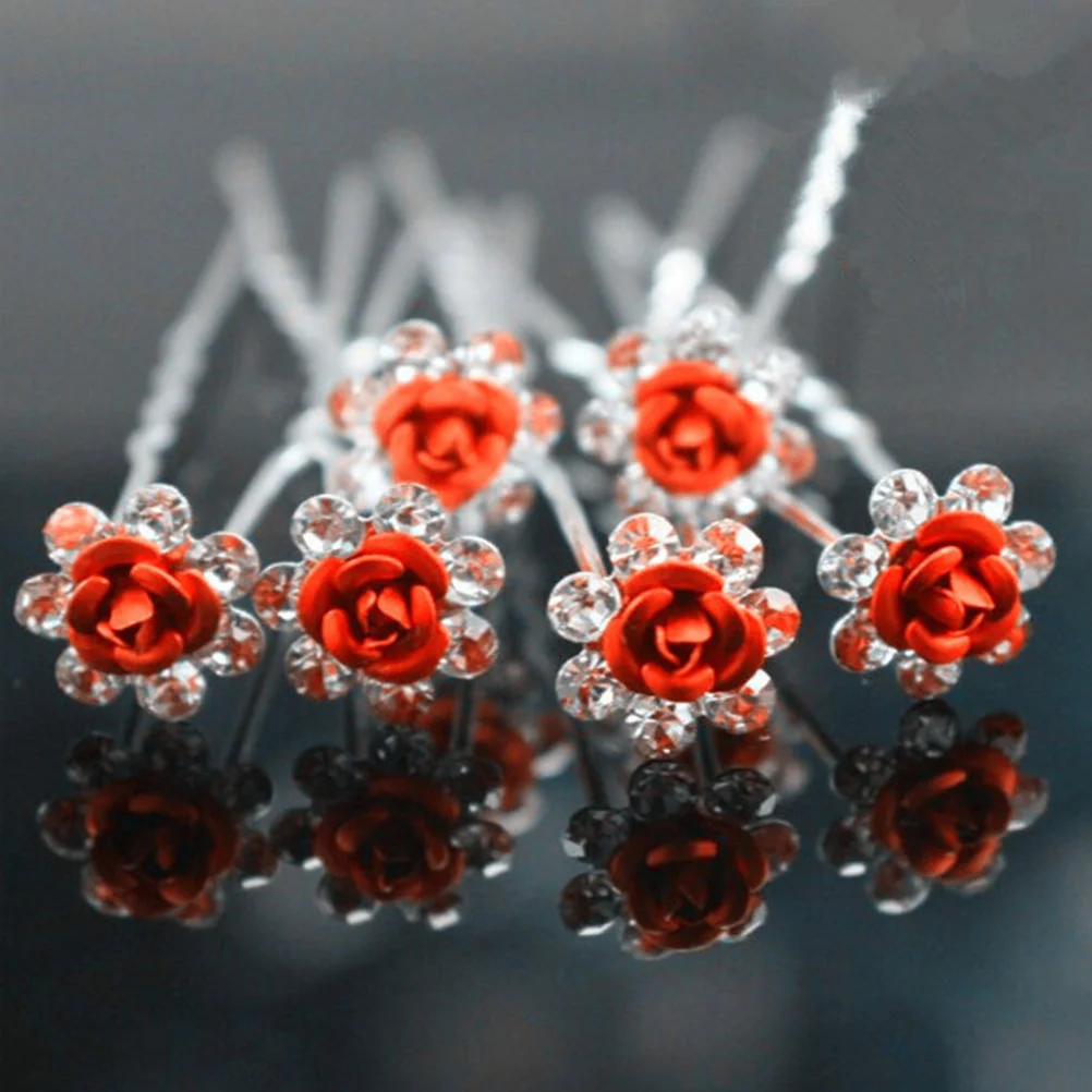 

12 Pcs Hair Barrettes Rhinestone Clips Korean Version U Shape Shaped Pins Red Pearl Women Bride