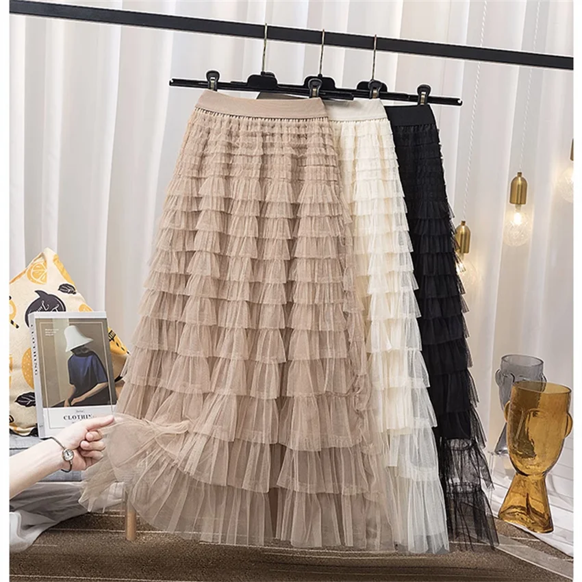 Gowyimmes 2025 New Spring Summer Women Midi-Long Pleated Mesh Skirt Fashion Girl Elastic Waist A-line Cake Skirts Fairy PD1767