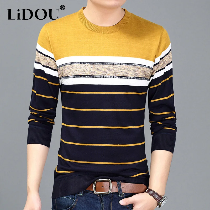 

Spring Autumn New Striped Fashion Long Sleeve Sweater Man High Street Casual Loose Pullovers Men Y2K All-match Multicolor Tops