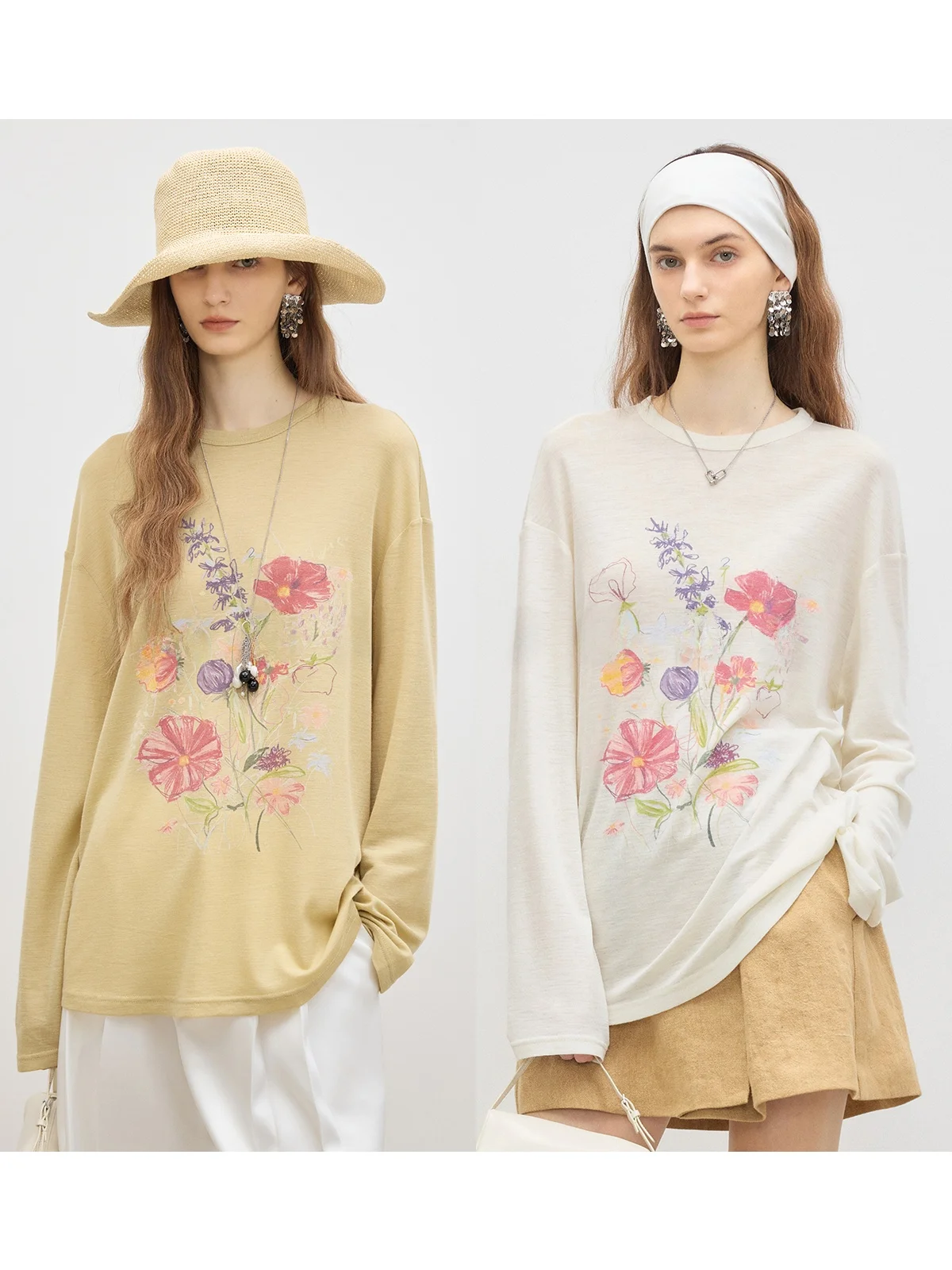 

Легкая, прохладная на ощупь шерстяная футболка с цветочным принтом, минималистичная, свободного кроя, с круглым вырезом, универсальная, тонкая как бумага, базовая, повседневная, весенняя, с длинным рукавом.