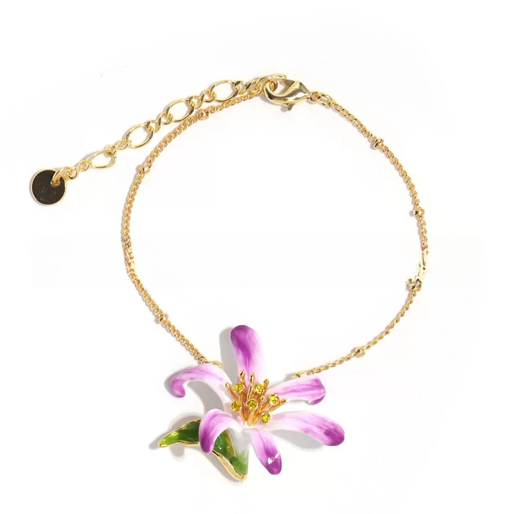 

Эмалированный сиреневый оттенок, фиолетовый зеленоватый браслет с цветком лилии, ювелирные изделия, латунный винтажный кристалл, регулируемый размер, подарок для женщин и девочек