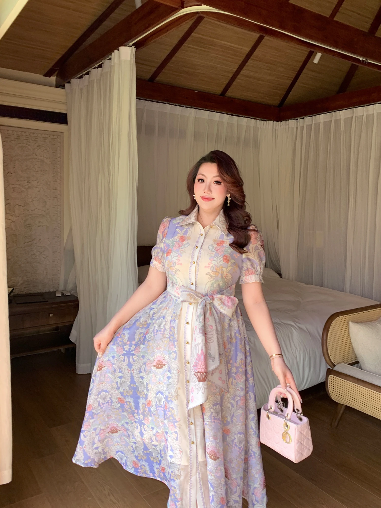 

GLEC Bohemian Large Size Women's Dress Vacation Style Floral Print Long Skirt with Bow Tie High Waist Polyester Fiber Summer ...