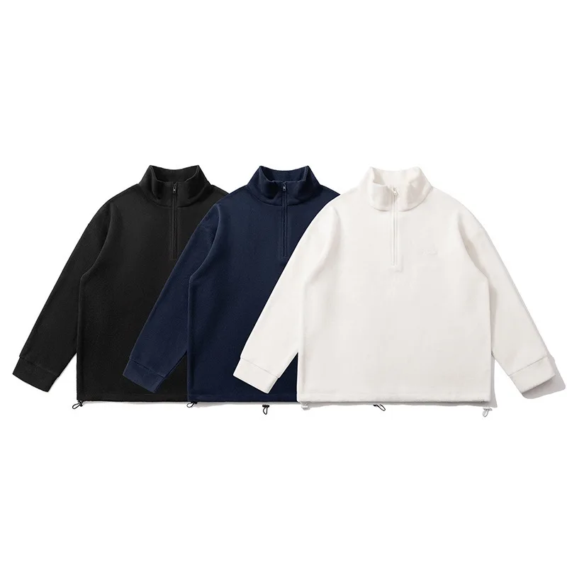 남성용 미니멀리스트 스탠드 업 칼라 하프 지퍼 플리스 후디, 트렌디 브랜드, 루즈 캐주얼, 다목적 스포츠 탑, 2024 가을 신상