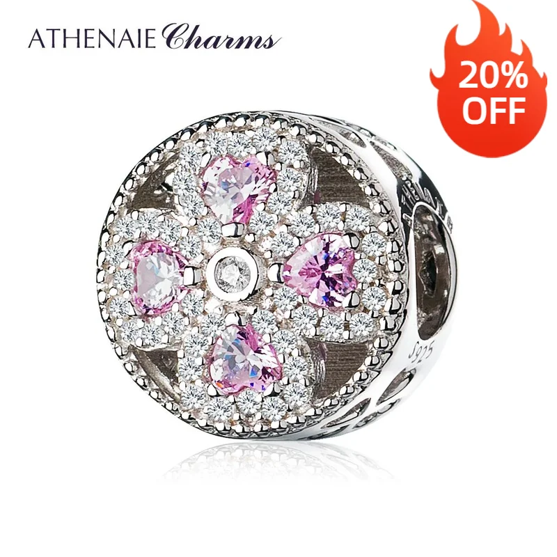 

ATHENAIE 925 пробы серебряные розовые кристаллы и прозрачный CZ кристаллический четырехлистный клевер очарование подходит для всех европейских браслетов ожерелье