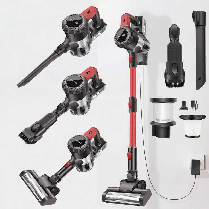 BRIEFNESS 6 في 1 مكنسة كهربائية لاسلكية 20000Pa شفط قوي مصباح ليد قابلة للشحن لشعر الحيوانات الأليفة الخشب الصلب سيارة السجاد جدار جبل الأحمر