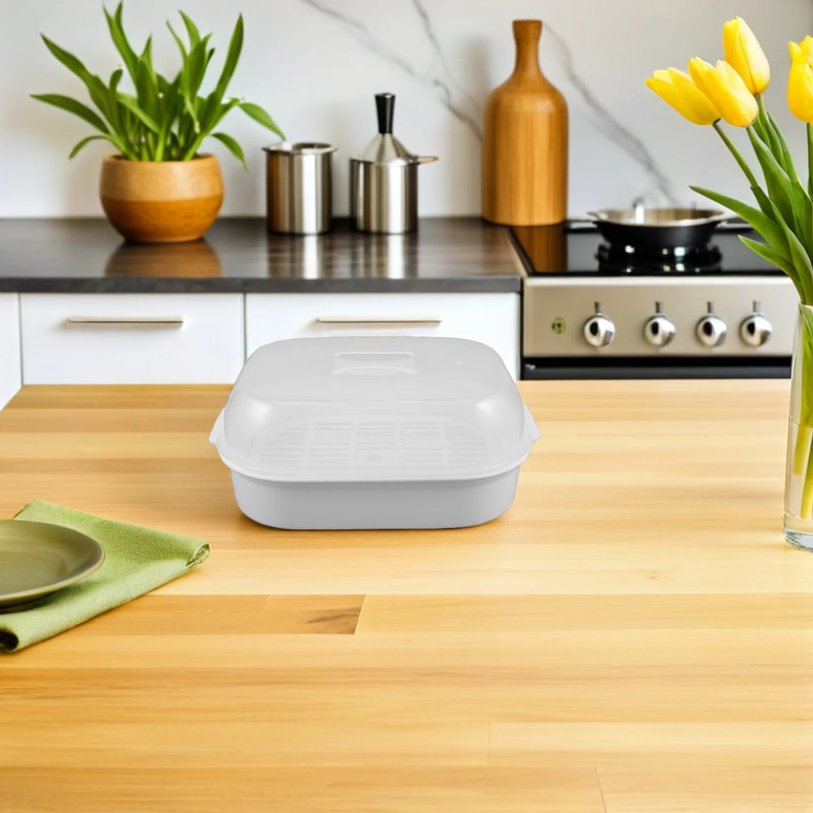 

2Pcs Microwave Steamer Vegetable Basket Clear Lid Plastic Handle Heat Resistant Strainer Cooker Bowl Food Container Steaming