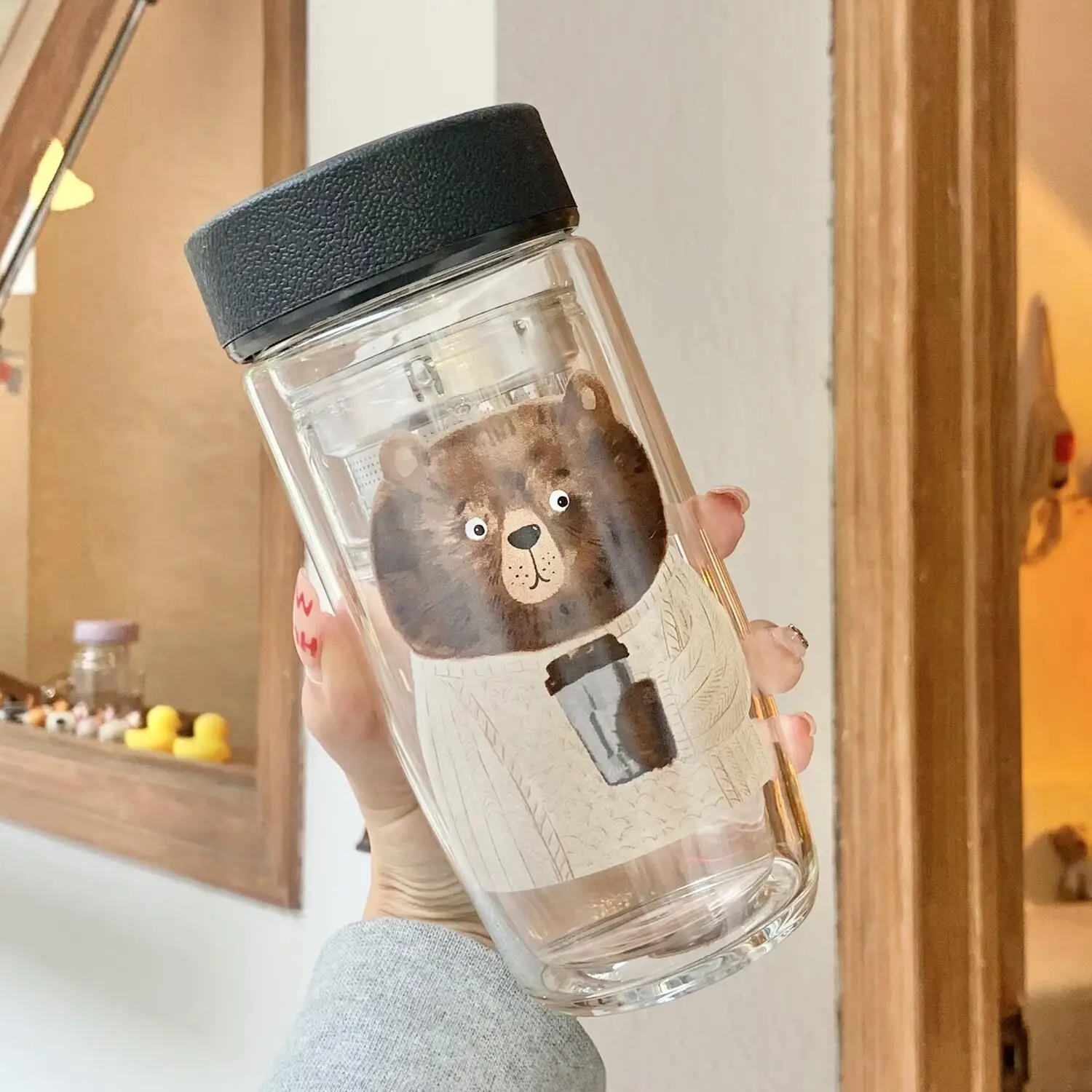 

Double Layer Heat Insulating Glass Cup Portable Tea Brewing Cup Bear Tea Water Separation Coffee Cup for Female Students