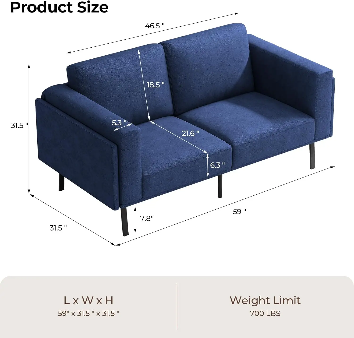 Couches for Living Room, High Resilience Loveseat Sofa, Wooden Frame 2 Seat Sofa Couch with Thickened Suppleness Armrests& Linen