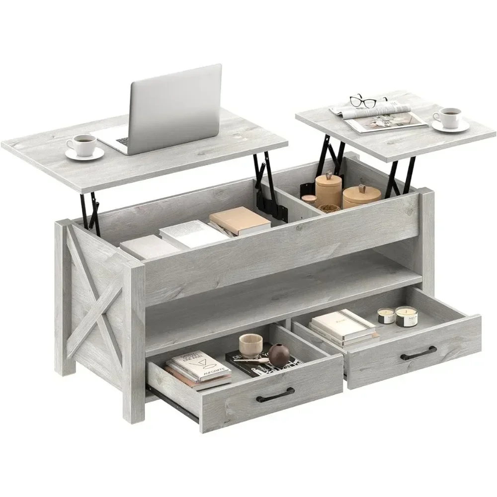 Coffee Table 47.2" Lift With 2 Storage Drawers And Hidden Compartment, Vintage Central Table, Grey
