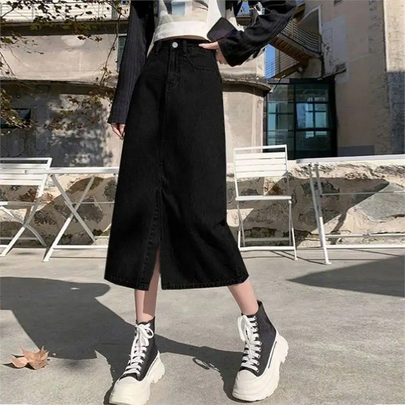 High Waist A-Line Mini Skirt Black Denim Split Student Friendly Loose Fit Conceals Flatters Mid-Length Casual Korean Style