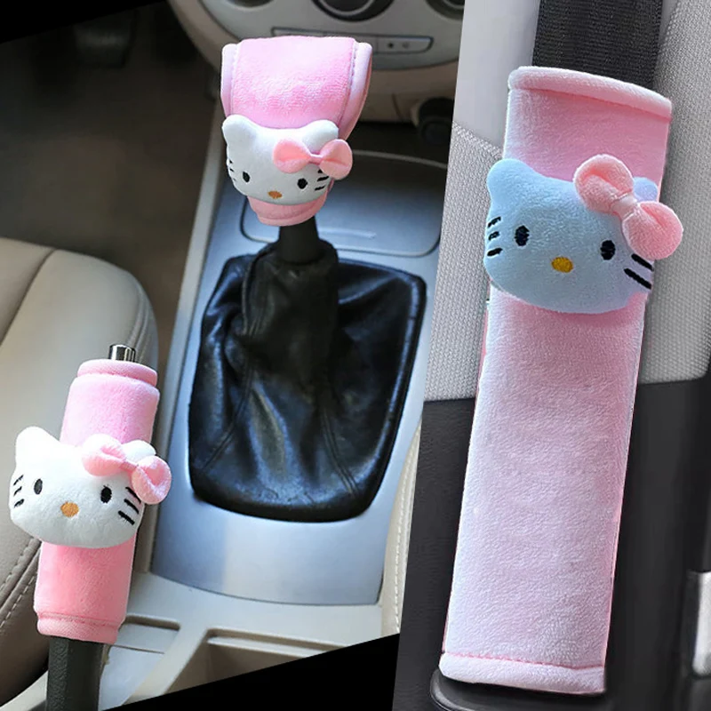 1pc Cute Cartoon Cat Car Gear Shift Cover Soft Plush Auto Shifter Hand Brake Case Car Seatbelt Cushion Interior Decoration