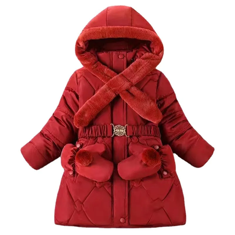 -25℃winter children's cotton padded clothes girl's solid color long Hooded down jacket girl's thickened warm overcoat+glove