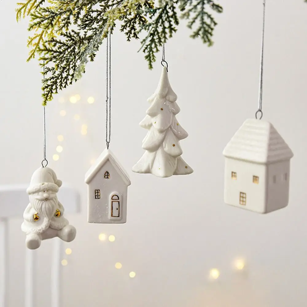 1pc Christmas Ceramic House Pendant Hollow out Snow House Christmas Tree Charms Decoration Happy New Year Decoration