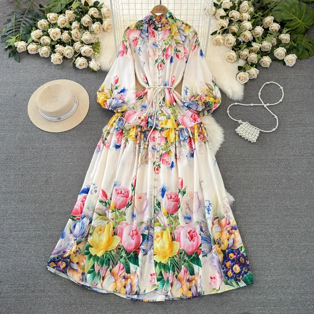 Vestido com estampa de flores manga comprida feminina, Maxi passarela, Vestido longo feminino, Stand, Deslumbrante, Botões, Faixas, Feriados, Outono, 6228