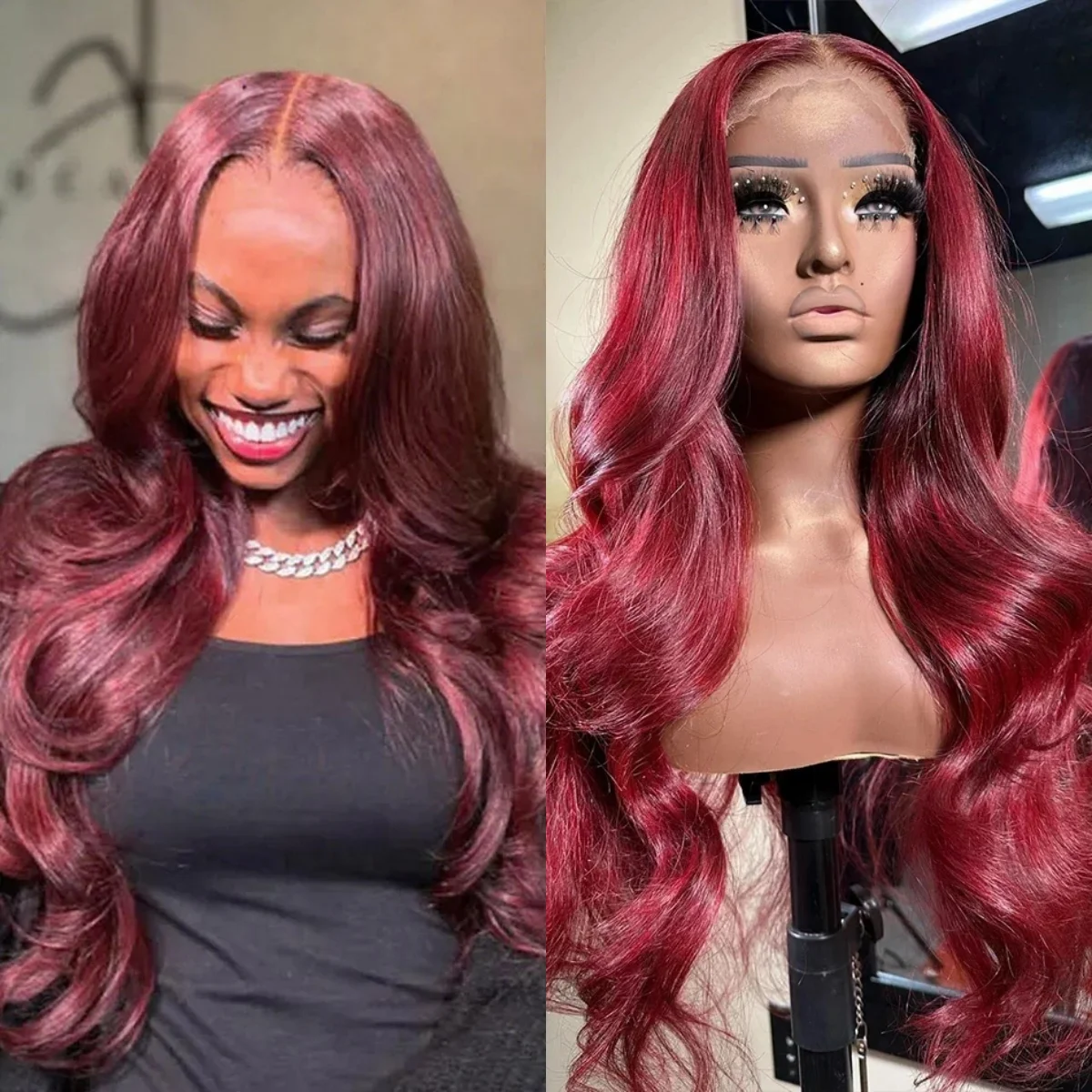 

Объемная волна 4x4, прозрачный парик из натуральных волос на кружевной застежке, 99J, бордовый, плотность 200%, предварительно выщипанные цветные бразильские парики для женщин