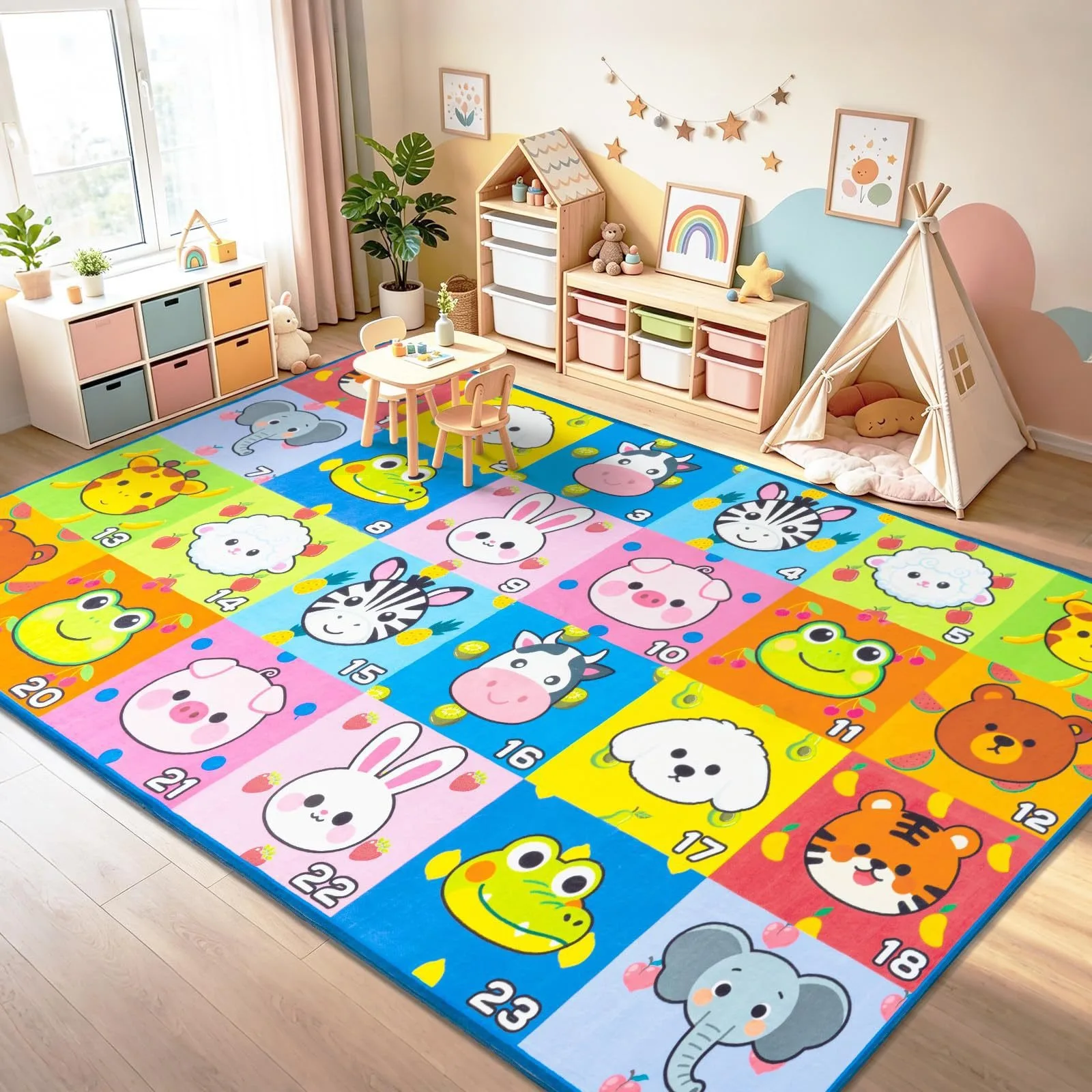 Number Learning Rectangular Carpet Living Room Large Rug Animals Grid Pattern Area Rugs Bedroom Floor Mat