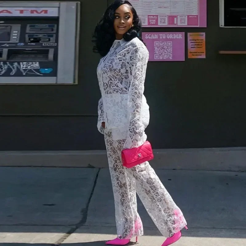 الأزهار الدانتيل مثير نادي الزي للملابس النسائية انظر من خلال قميص طويل الأكمام أعلى وسراويل واسعة الساق فرقة 2 قطعة فام