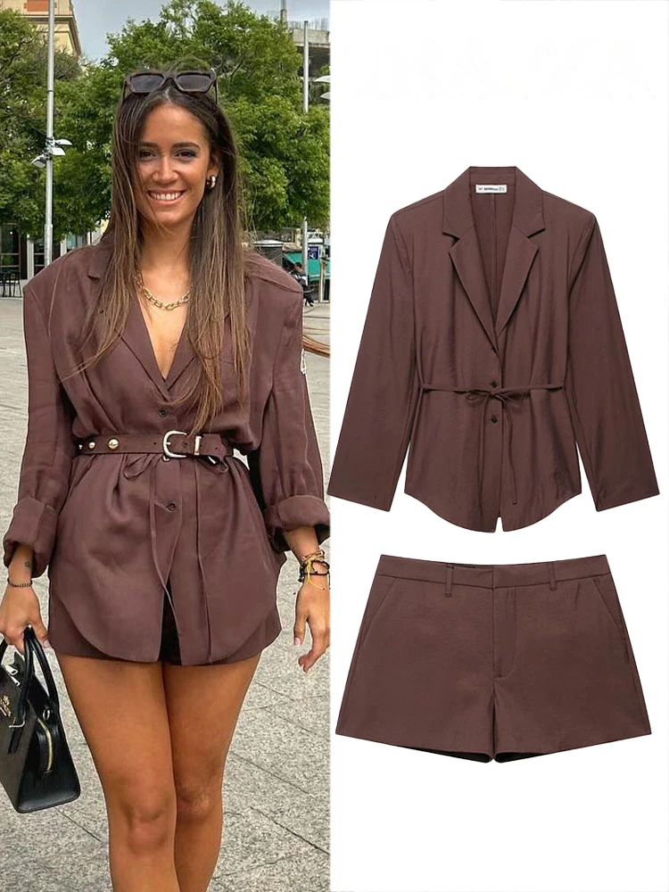 HH Women's Summer Fashion Suit Brown Turn-Down Collar Long Sleeves Bow Lace-Up Single-Breasted Coat+High Waist Zipper Shorts