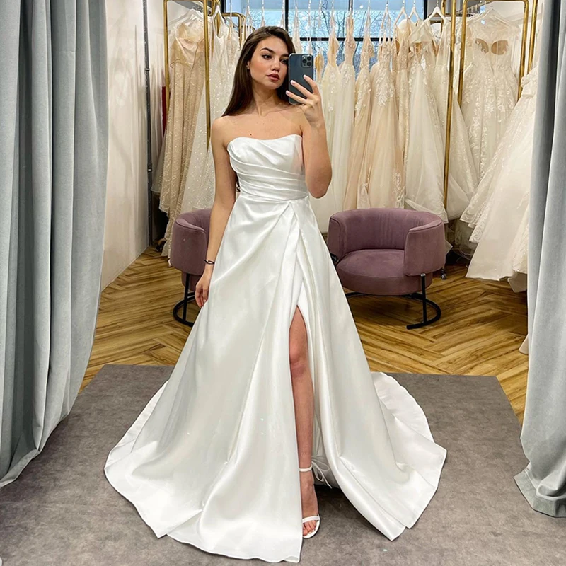 

Eightree White A-Line Wedding Dresses Strapless Side Slit Bride Dress Boho Beach Princess Wedding Evening Prom Gowns Custom Size