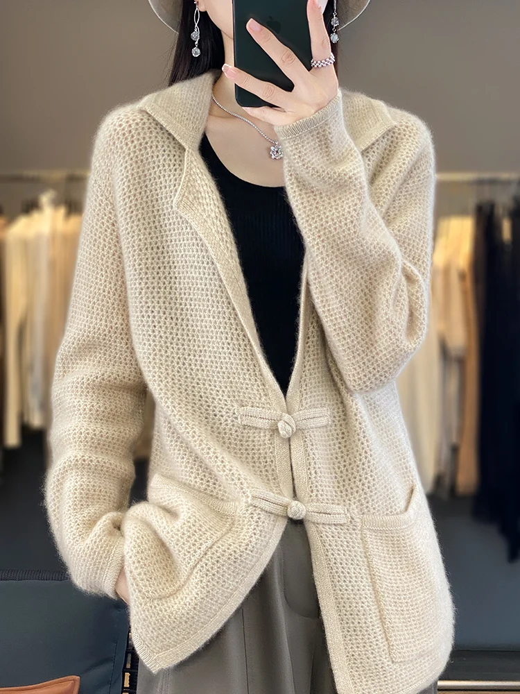 Yoyoselect Spring Autumn New Chinese Button Women Casual Cardigan Long Sleeve Sweater 100% Merino Wool Polo Collar Knitwear Soft