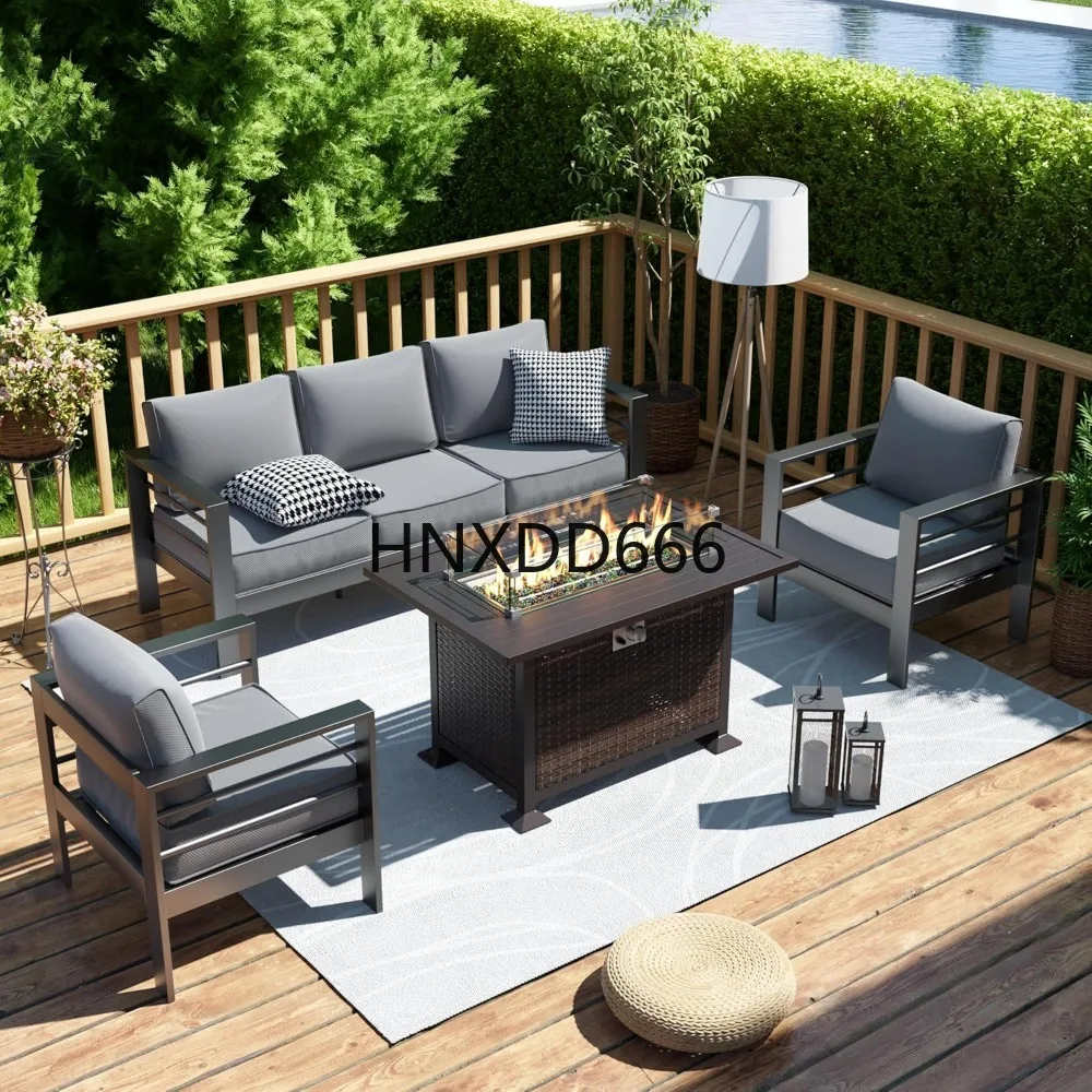 

Patio Furniture Set with Fire Pit Table, 6 Pcs AluminumOutdoor Sectional Metal Modern Patio Sofa Sets