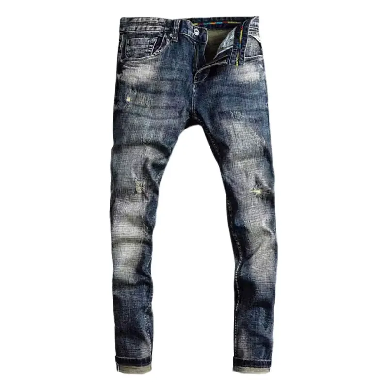 Fashion Designer Men Jeans High Quality Retro Black Blue Elastic Slim Ripped Jeans Men Embroidery Patched Vintage Denim Pants