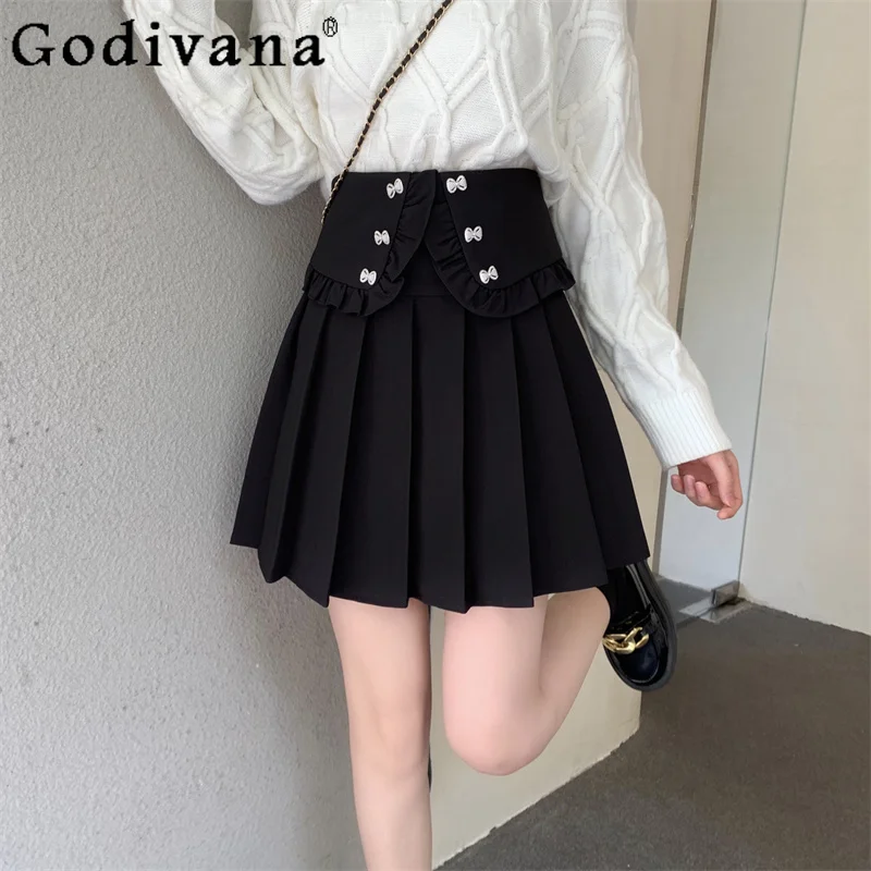 

Large Size L-4XL Women's Black Winter High Waist A-line Pleated Skirt Sweet Bow Fashion Versatile Age Reduction Jk Korean Skirts