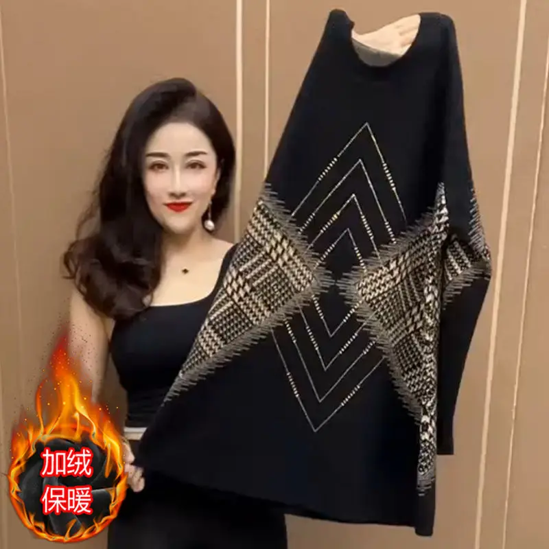 Velvet Warm and Fashionable Slimming Style Mid to Long Base Shirt for Middle-aged Mothers Loose Color Blocked Oversized Shirt