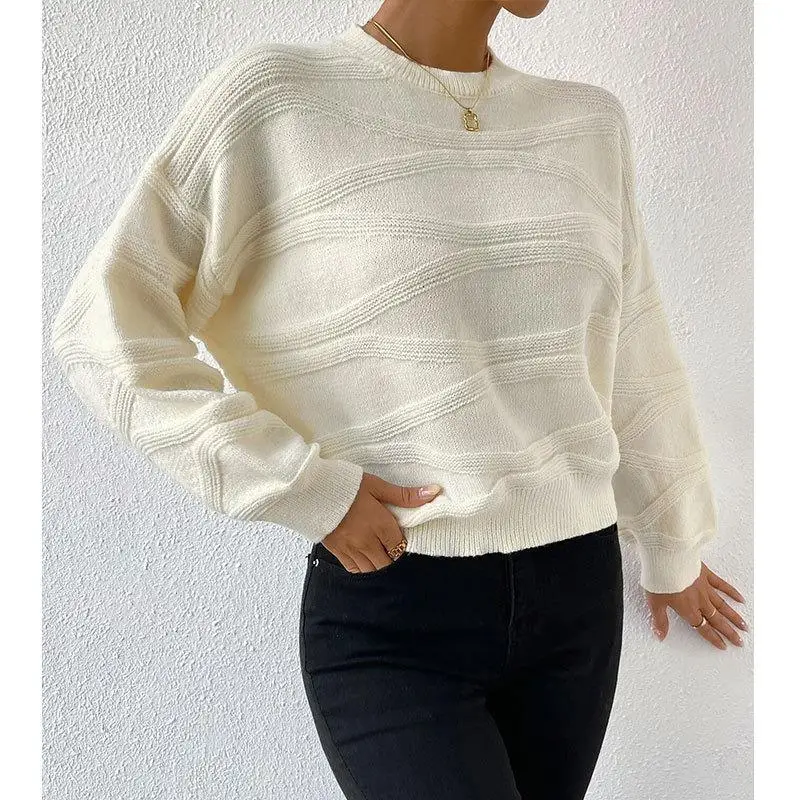 

Versatile Color Wave round Ne Pullover Sweater Women's Knittedwear Commute Sle Floing Hollow out Design Acrylic