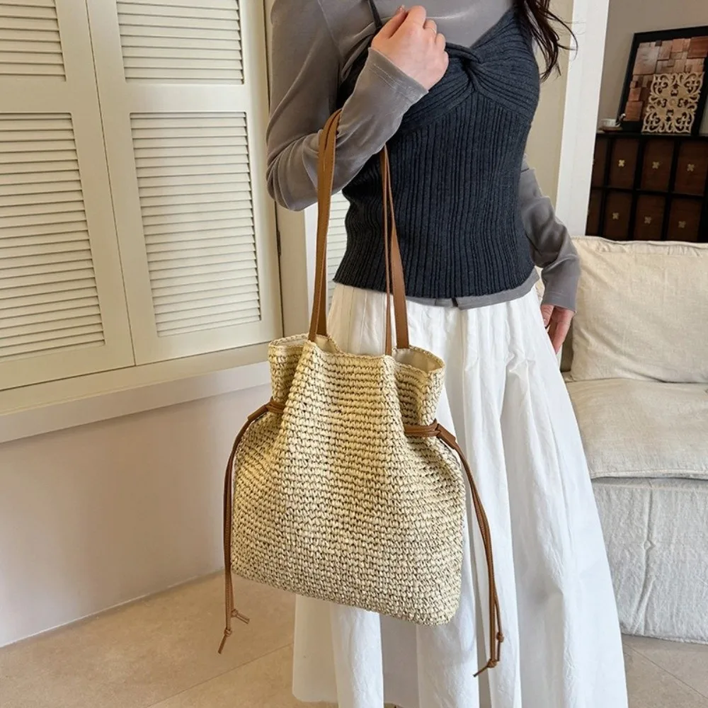 Beach Drawstring Crochet Bag Large Capacity Solid Color Tote Bag Square Straw Woven Shoulder Bag