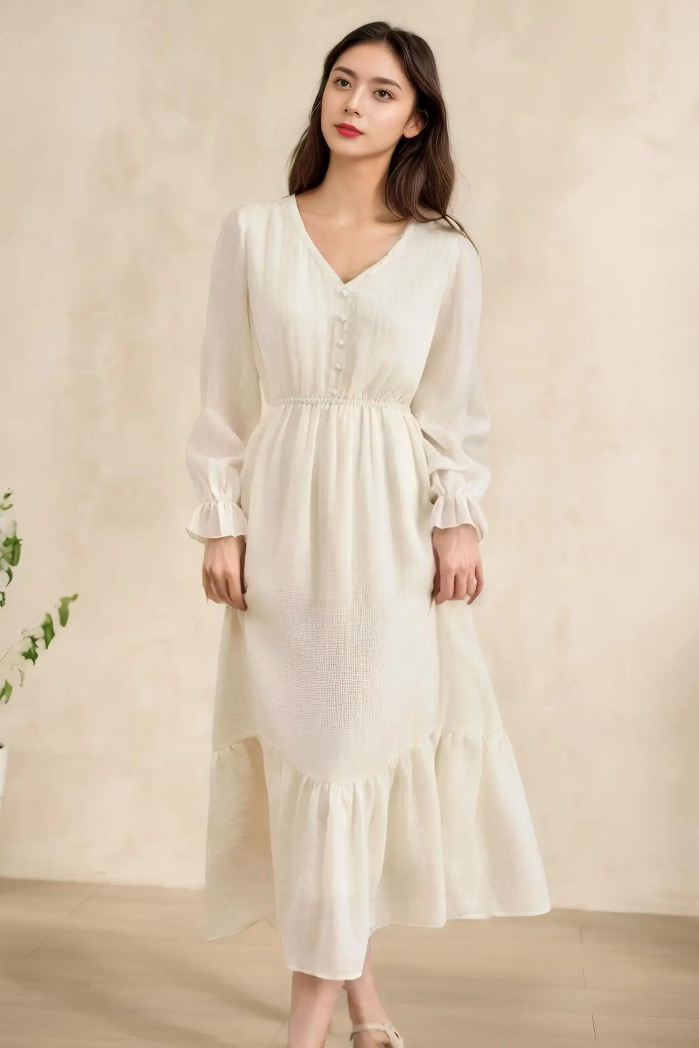 Robe à manches longues en dentelle texturée pour femmes, douce, premier amour, atmosphère, col en v, taille cintrée, liste A, printemps 2025