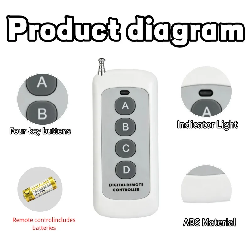 Wide Voltage AC85-256V 10A Relay, 4-Channel Independent Control, with 4-Button 433MHz RF Remote