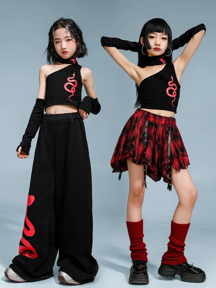 

Girls Street Dance Clothing One-shoulder Crop Top Snake Print Pants Plaid Skirt Cheerleading Costume Kpop Hip Hop Stage Outfits