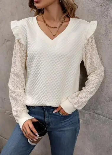 

Autumn Solid Color V-Neck Diamond Grid Texture Casual Top with Fashionable Pleated Edge Design and Lace Patchwork Sleeve Top