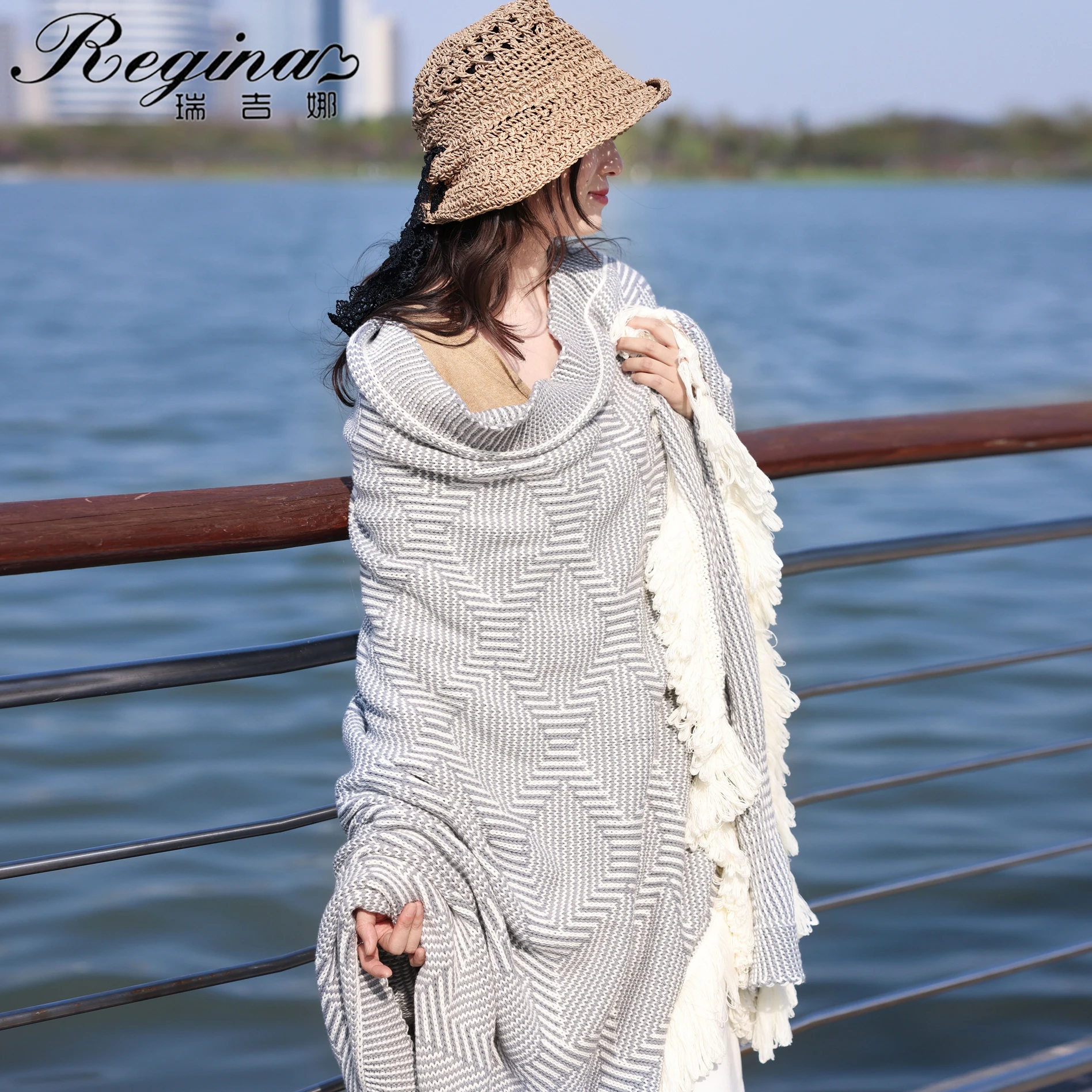 REGINA Brand Vogue Macrame Design Blankets Black Gray White Fringes Tassels Decorative Wearable Picnic Cotton Knitted Blankets